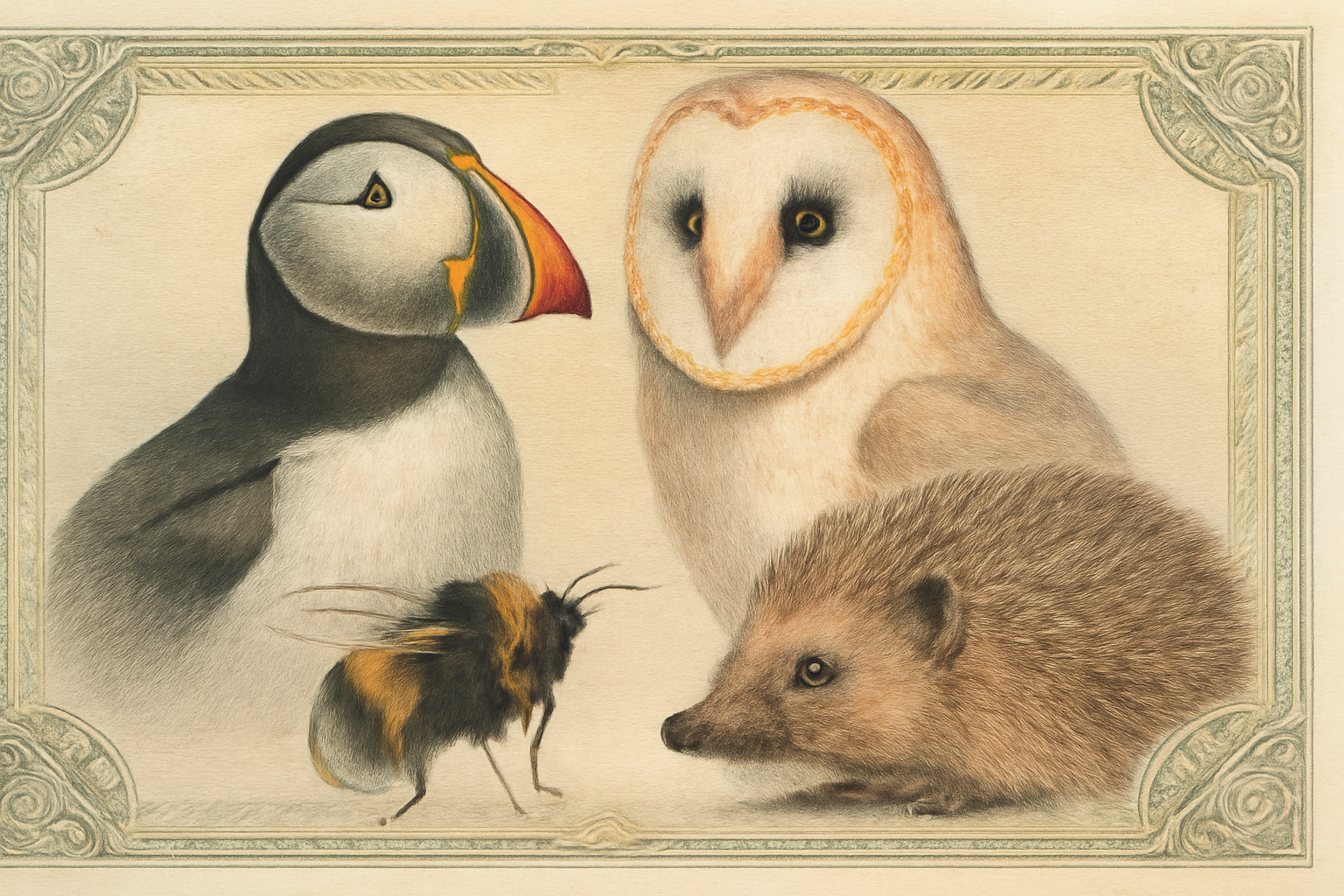 Mock-up of a UK banknote design featuring a puffin and a barn owl