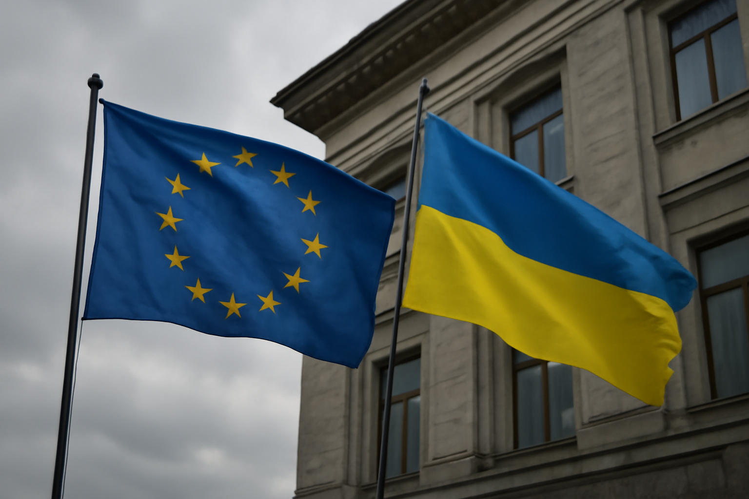 European Union and Ukrainian flags displayed side by side outside a government building