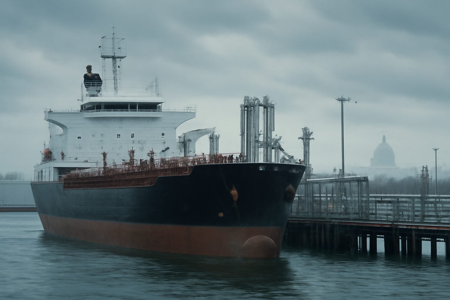 Cargo tanker loading fuel at a port with a U.S. Capitol dome visible in the distance