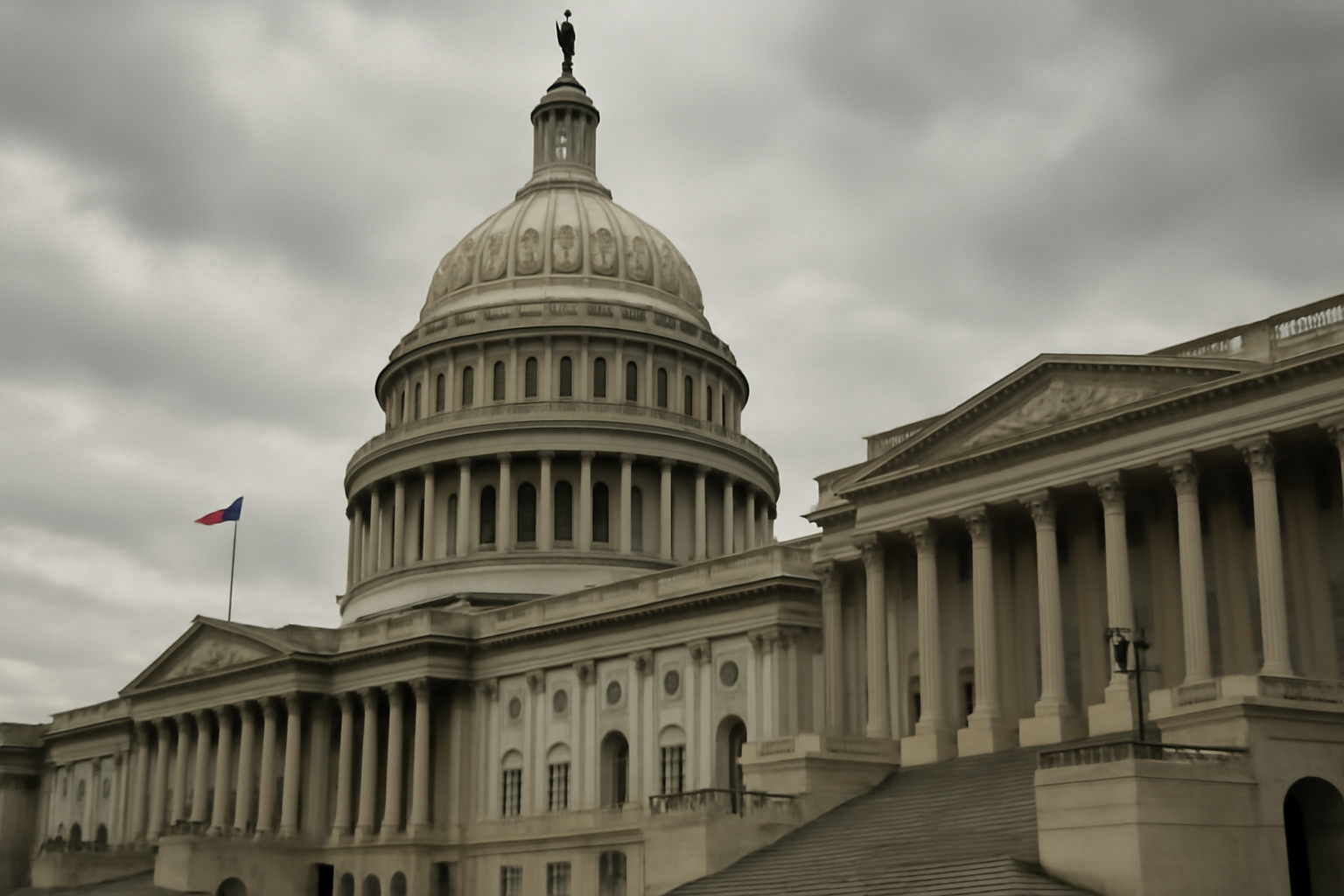 Capitol dome under overcast sky with American flag at half visibility
