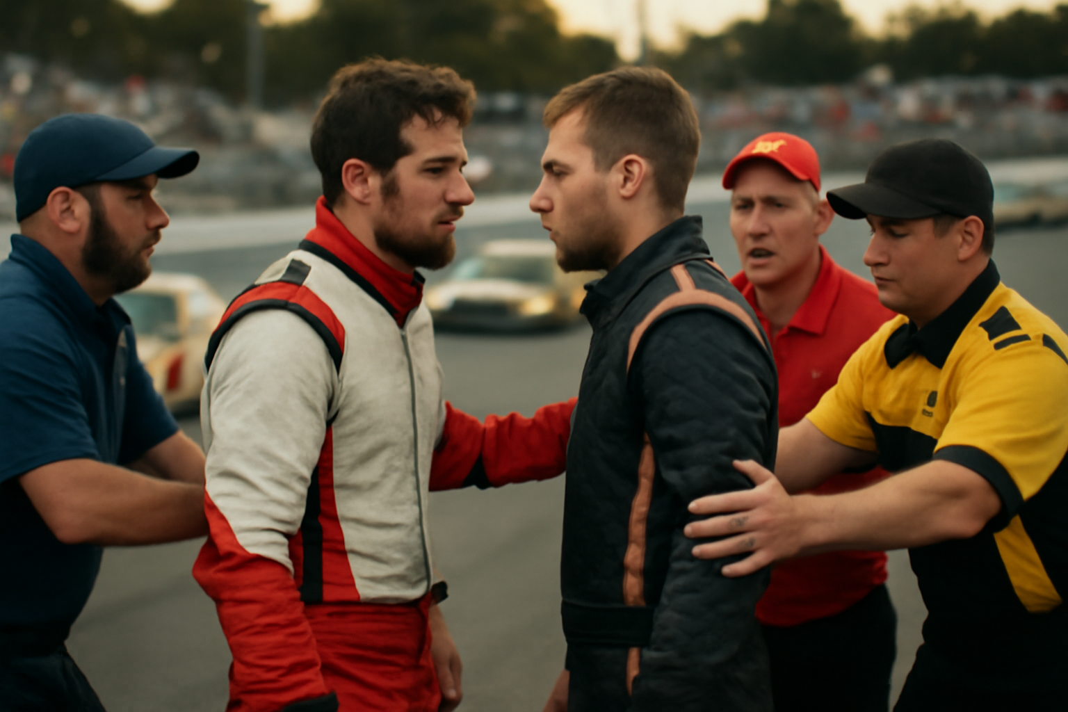 Two NASCAR drivers in racing suits confronting each other on pit road with crew members intervening