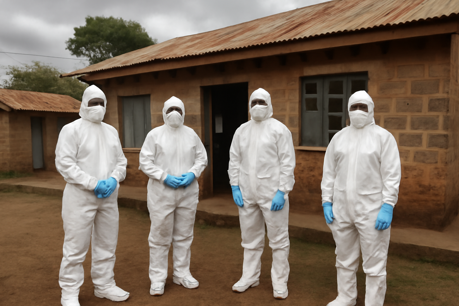 Health workers in protective gear standing outside a clinic entrance in Kenya