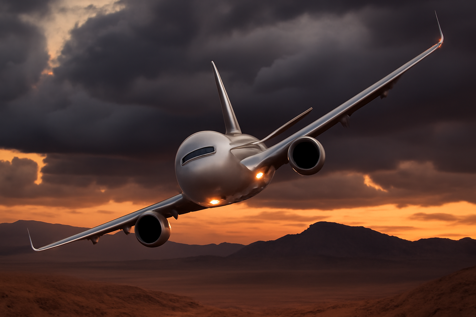 A commercial jet airliner descending rapidly against a cloudy sky over desert terrain
