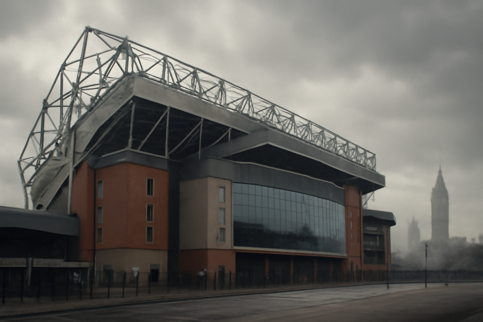 Manchester City's Etihad Stadium exterior under overcast sky with UK flag visible nearby