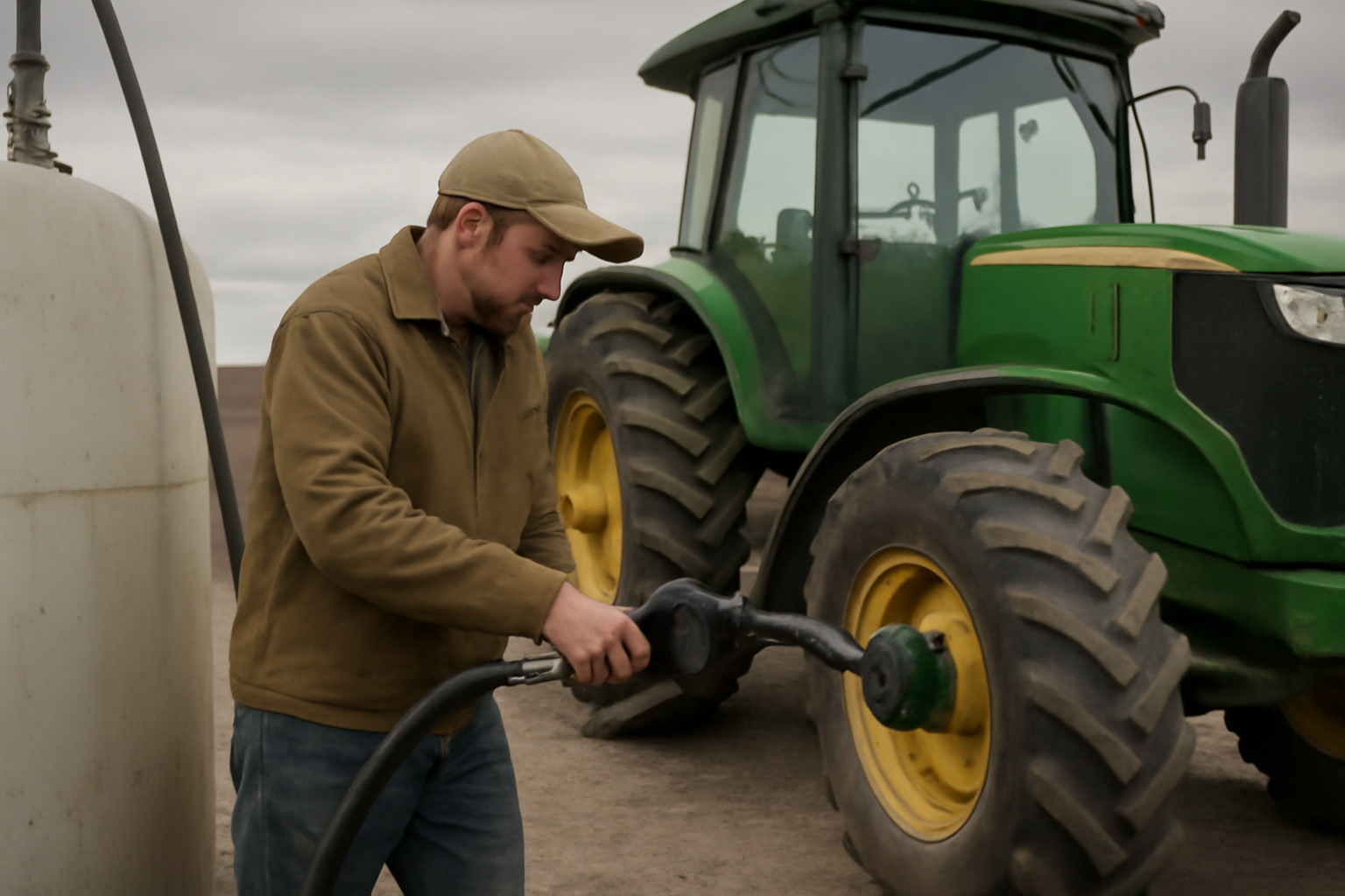 Farmer refueling a diesel tractor at a rural fuel pump