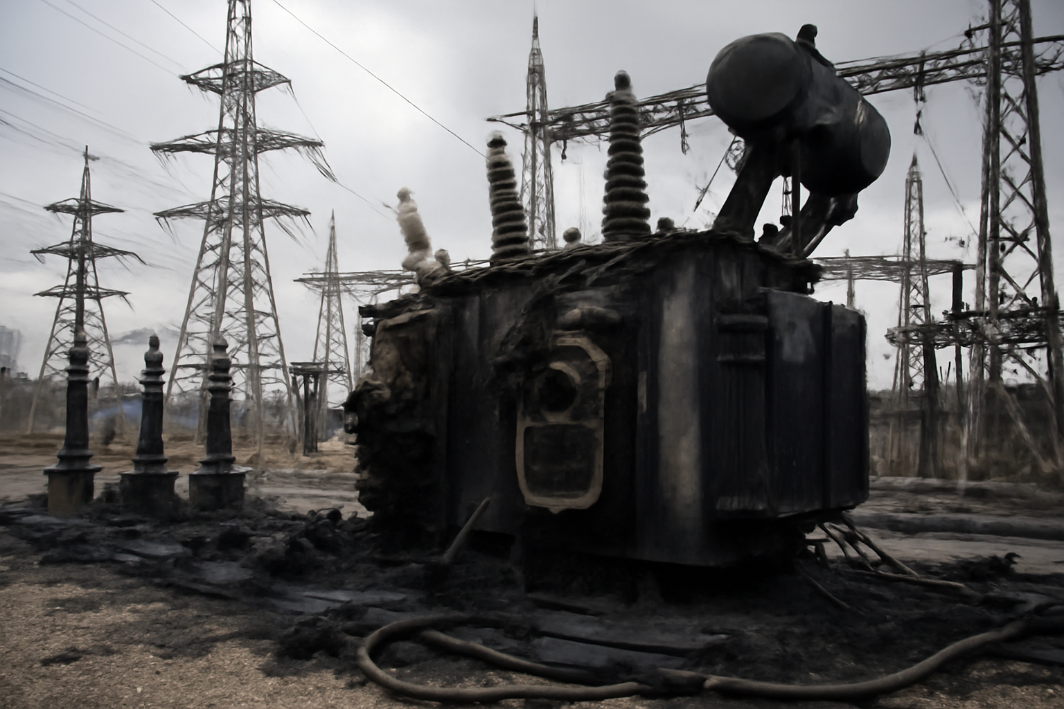 Damaged electrical substation equipment in Ukraine with transmission towers in the background