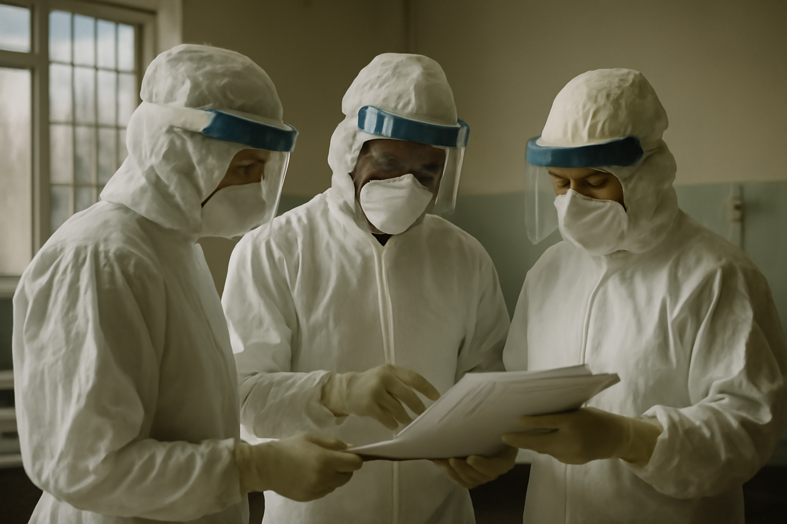 Medical workers in protective gear reviewing case files at a health facility in Kenya