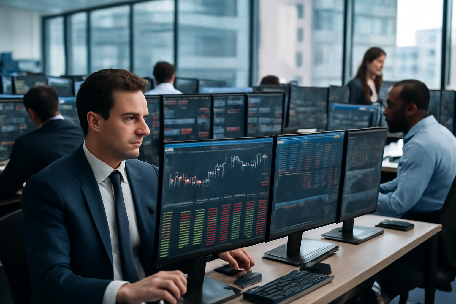 A municipal bond underwriter's trading floor with financial charts on display screens