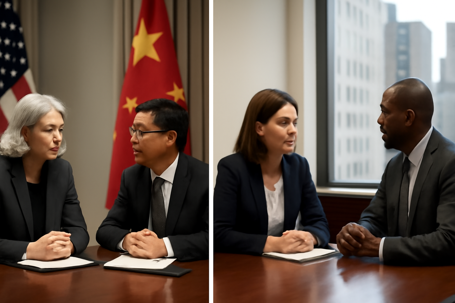 Split-screen editorial graphic showing a Treasury official and a city mayor set for separate meetings