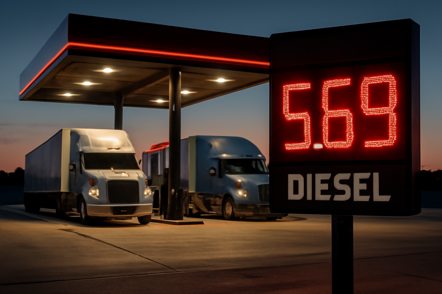 Diesel fuel pumps at a truck stop with price display showing a sharp increase
