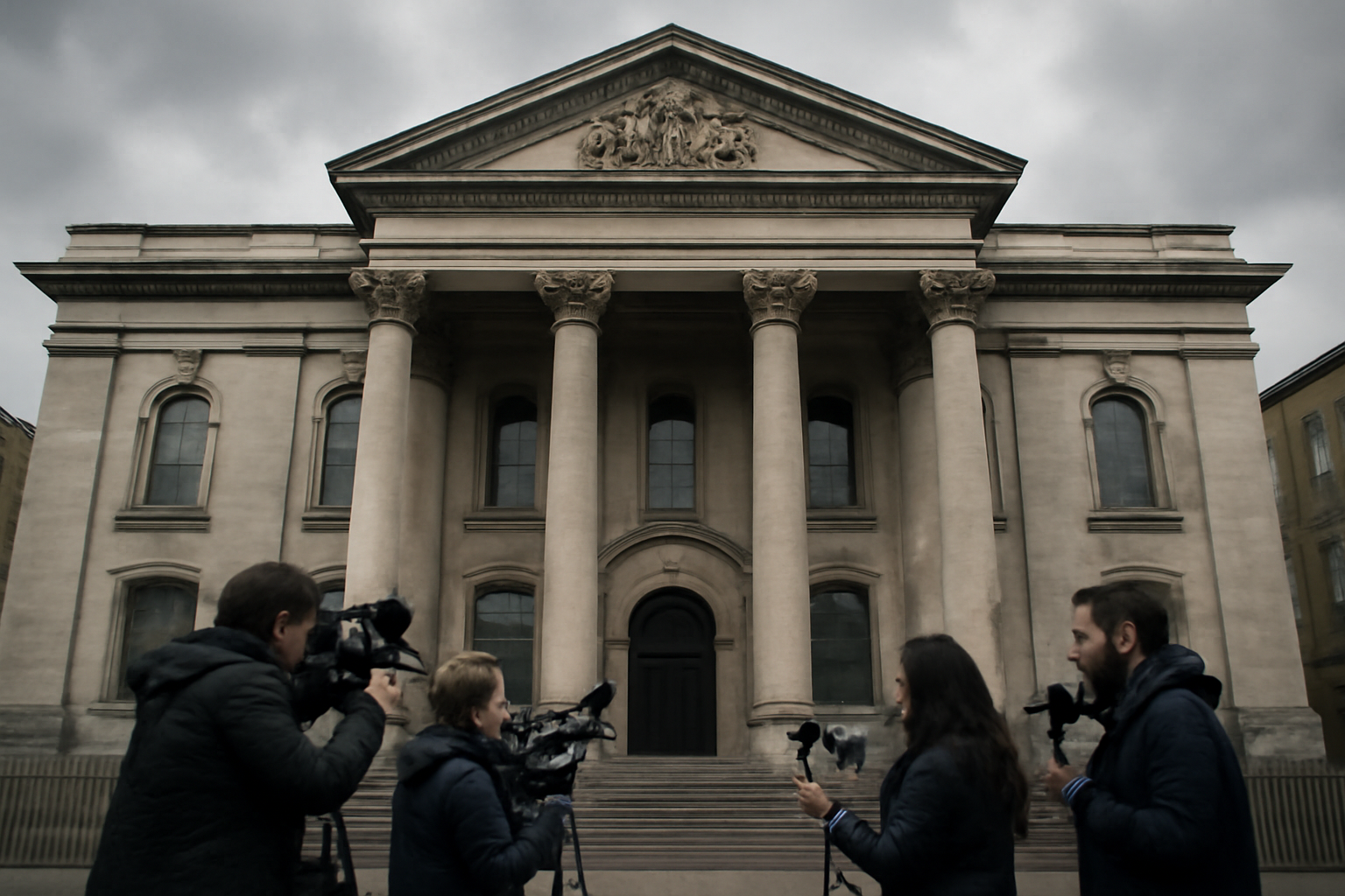 Exterior of a British courthouse with reporters gathered outside under gray skies