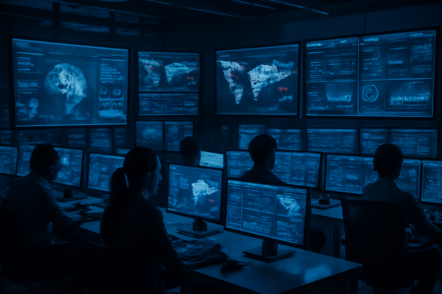 Cybersecurity analysts reviewing AI model outputs on multiple monitors in a dim operations center
