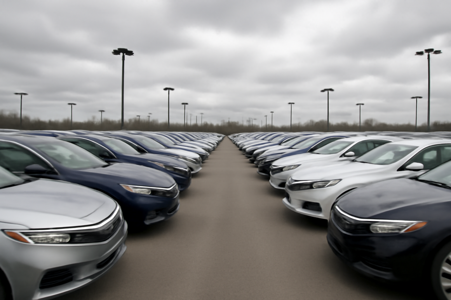 Rows of new sedans parked on a car dealership lot under an overcast sky