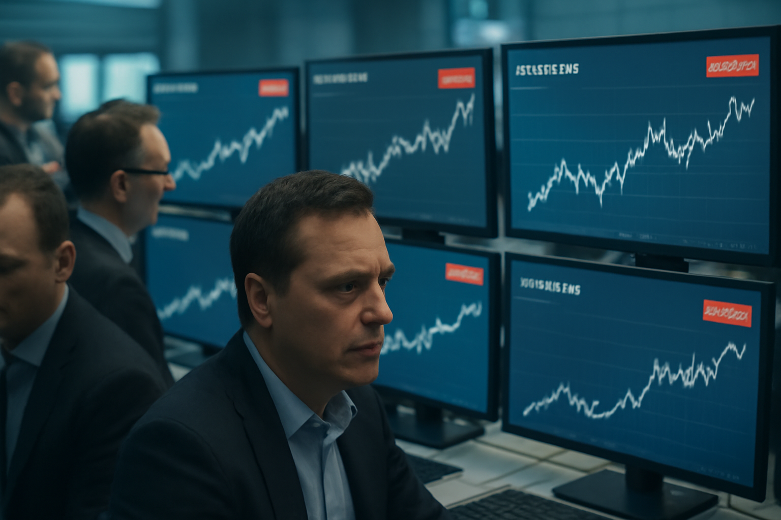 Financial trading screens displaying rising Treasury bond yield charts on a stock exchange floor