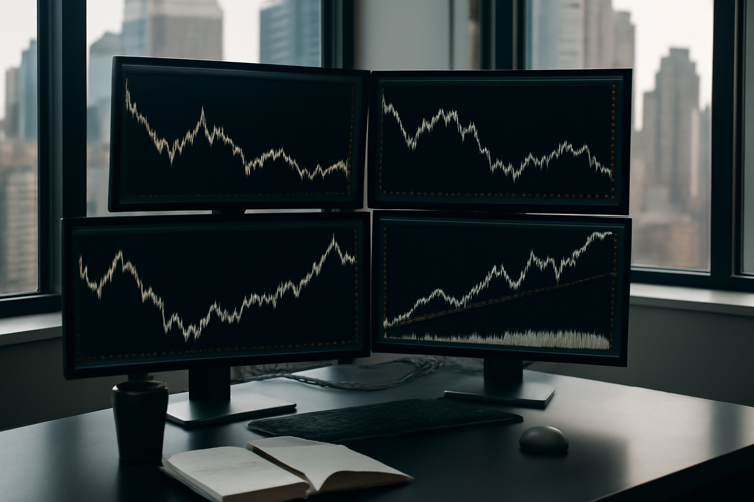 Oil price charts and a barrel icon displayed on a financial trading screen in a New York office