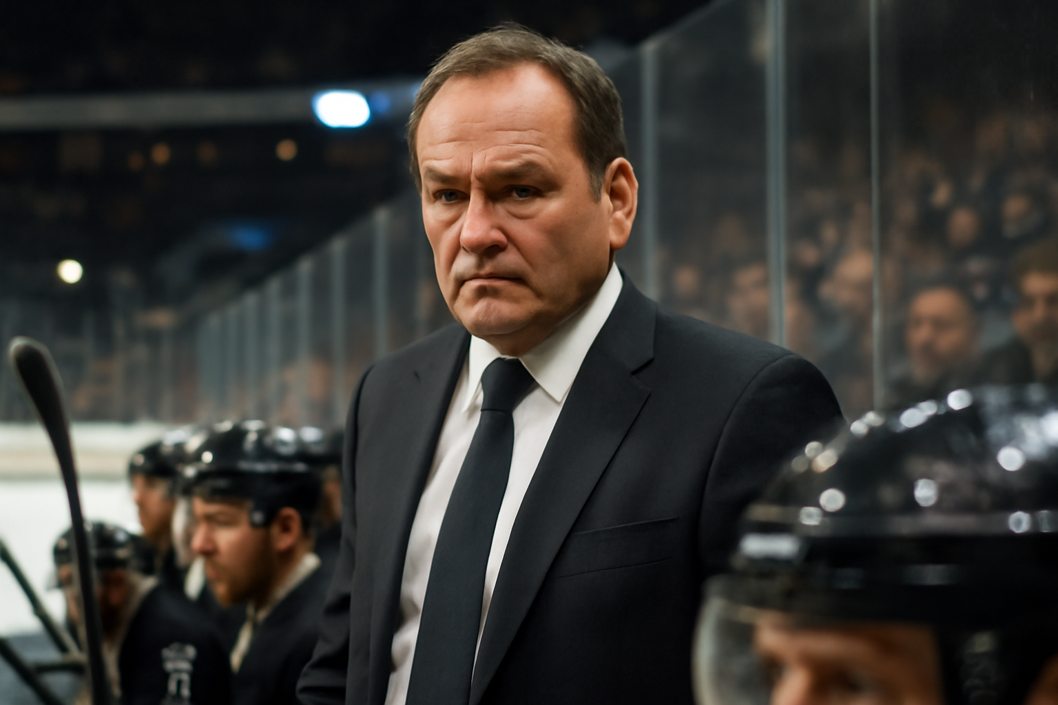 Hockey coach in a suit standing behind the bench during an NHL game