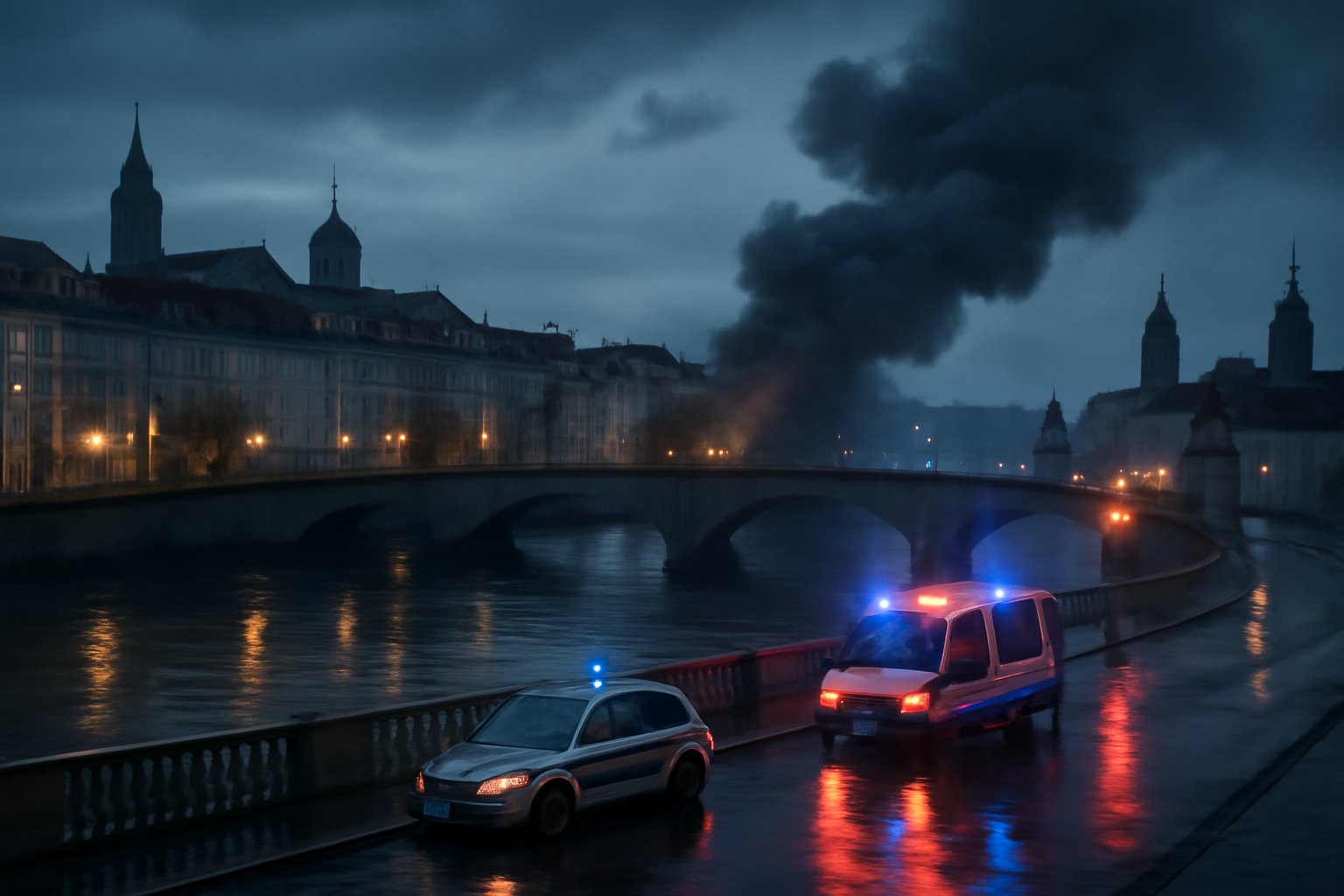 Smoke visible over Kyiv's skyline near the Dnipro River following a reported air strike