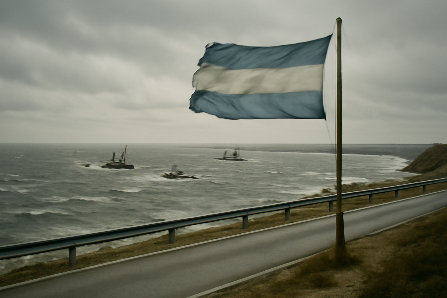 A Falklands flag flying over a windswept coastal road near Stanley harbour