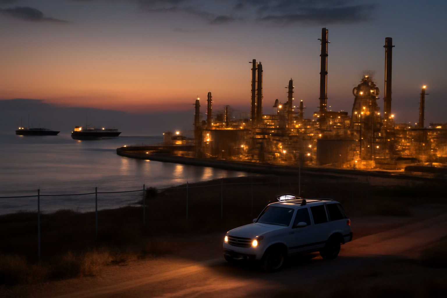 Oil refinery complex along the Saudi Arabian Red Sea coast at dusk with tankers offshore