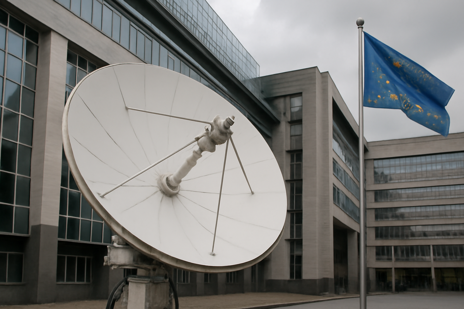 Satellite dish and European Union flag outside a government building in Brussels