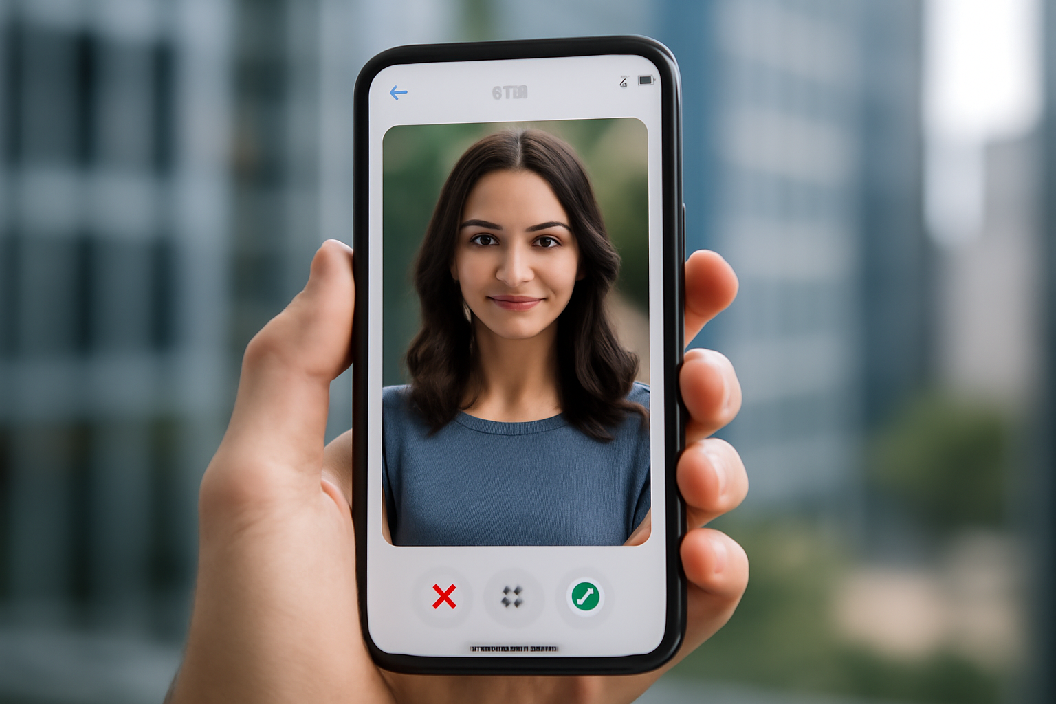 Bumble app logo displayed on a smartphone screen held against a blurred office background