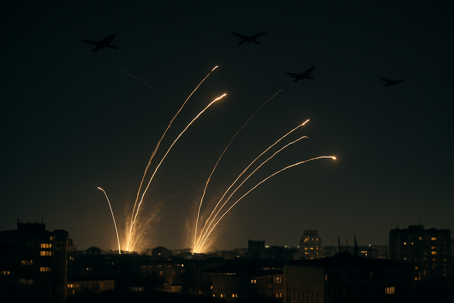 Night sky over a Ukrainian city lit by air defense tracer fire during a drone attack