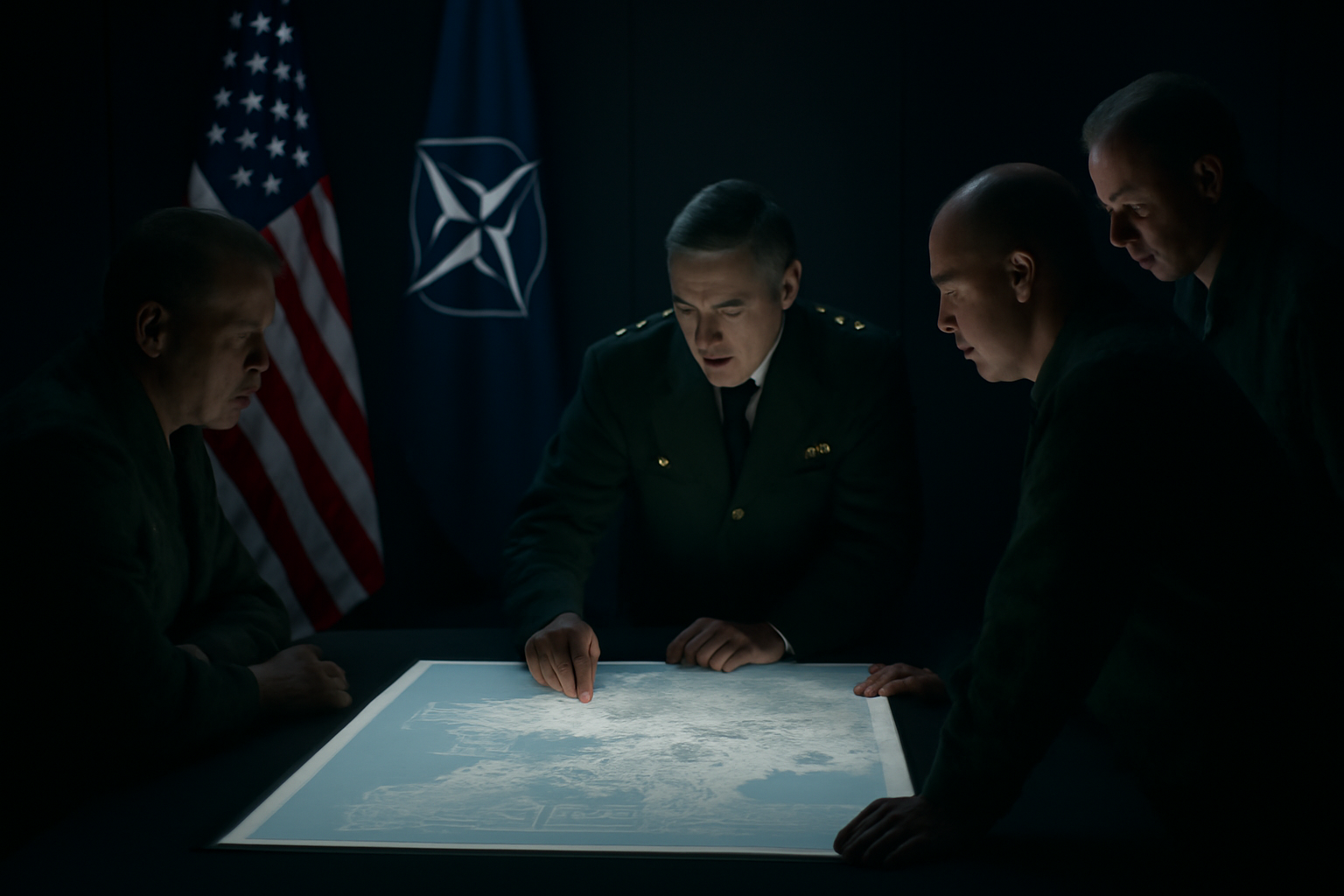 Military officers studying a map of Eastern Europe inside a flag-lined briefing room.