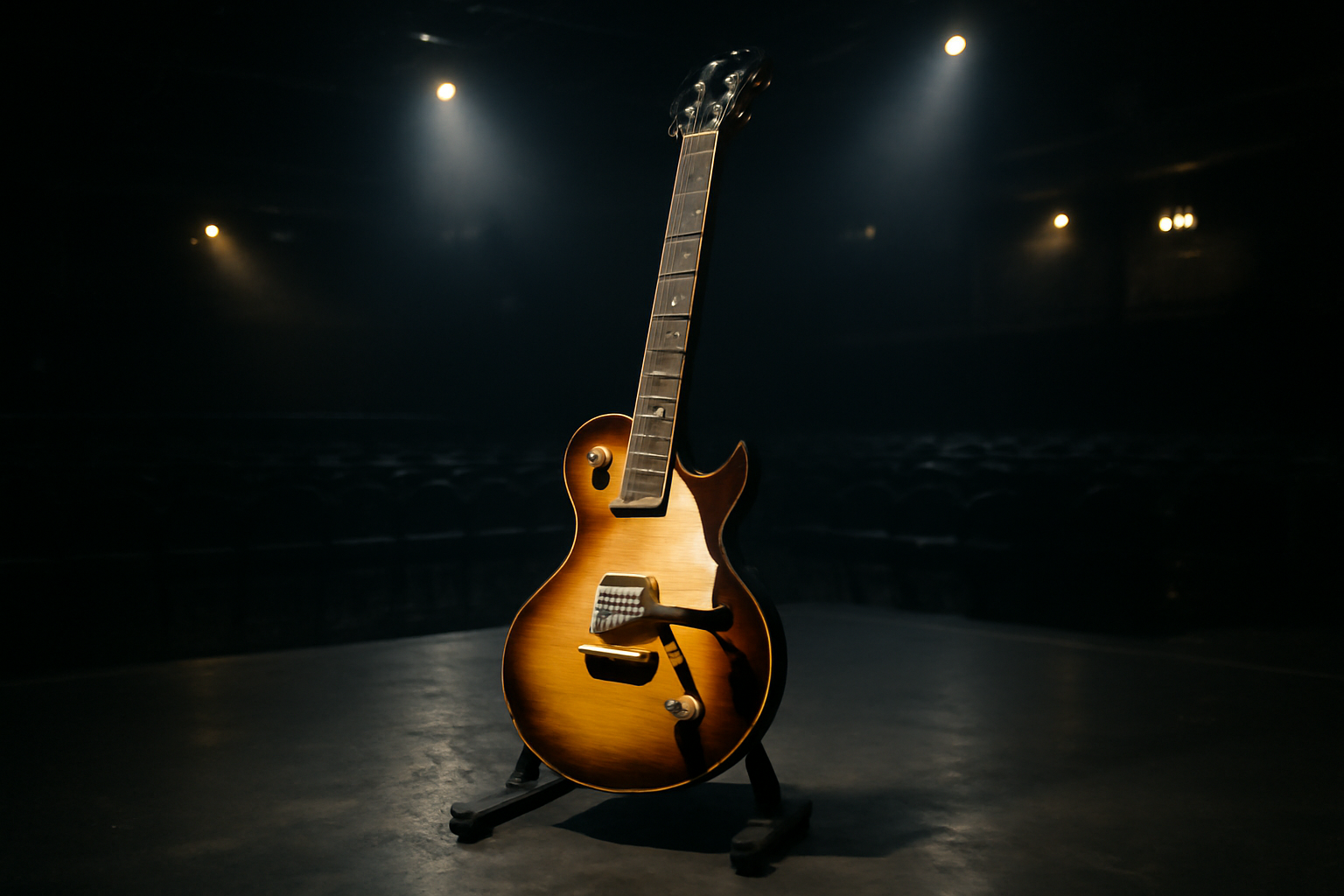 An electric guitar rests on a stand beside stage lighting in an empty concert venue