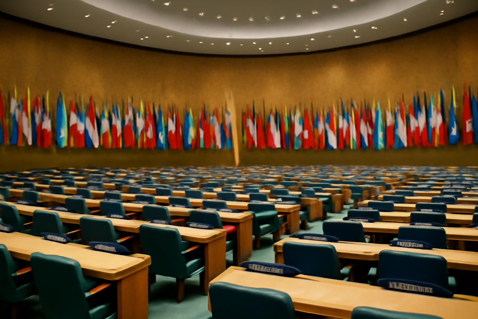United Nations General Assembly hall with delegate seating and flags ahead of a session