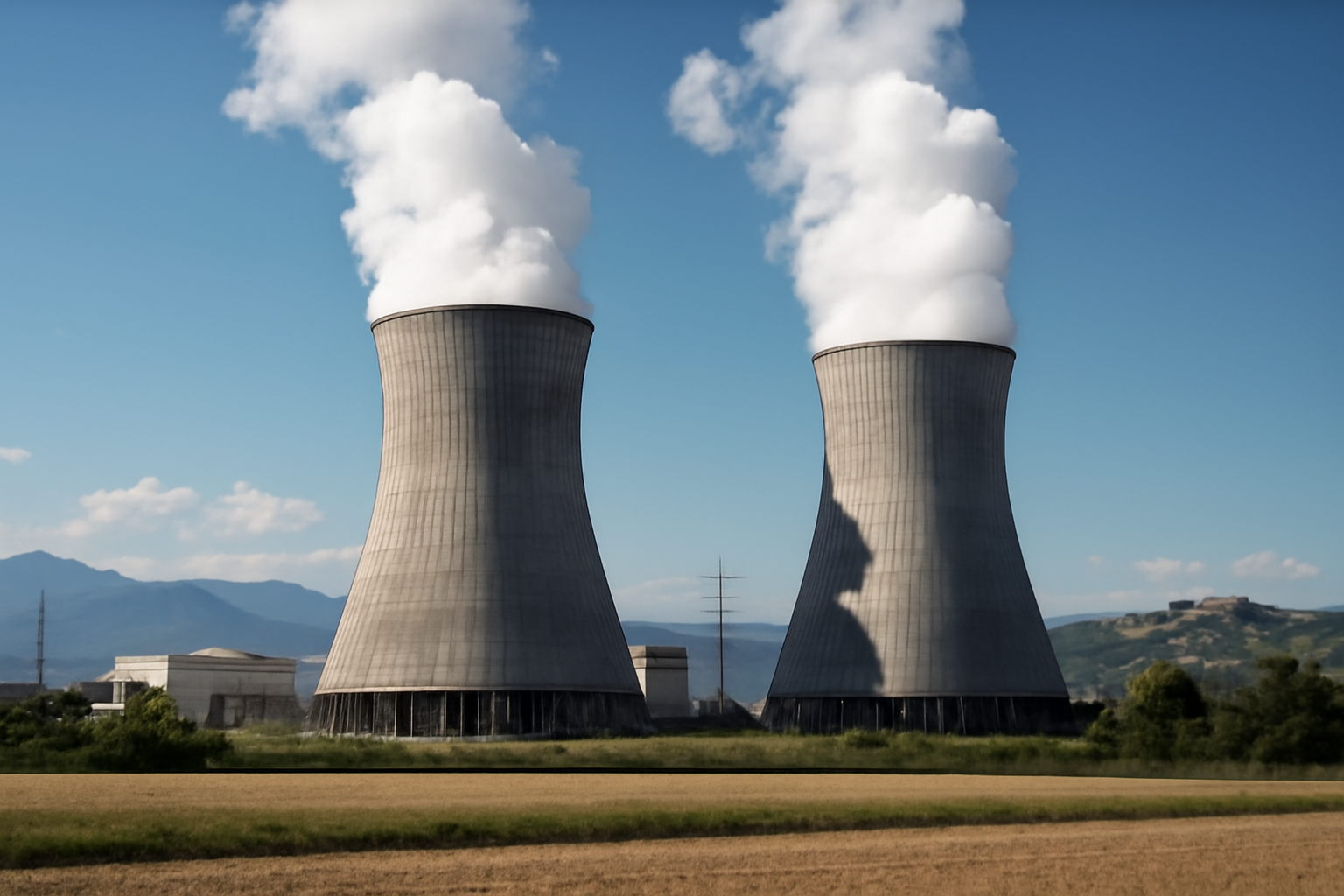 Exterior view of a nuclear power plant cooling towers against a clear sky
