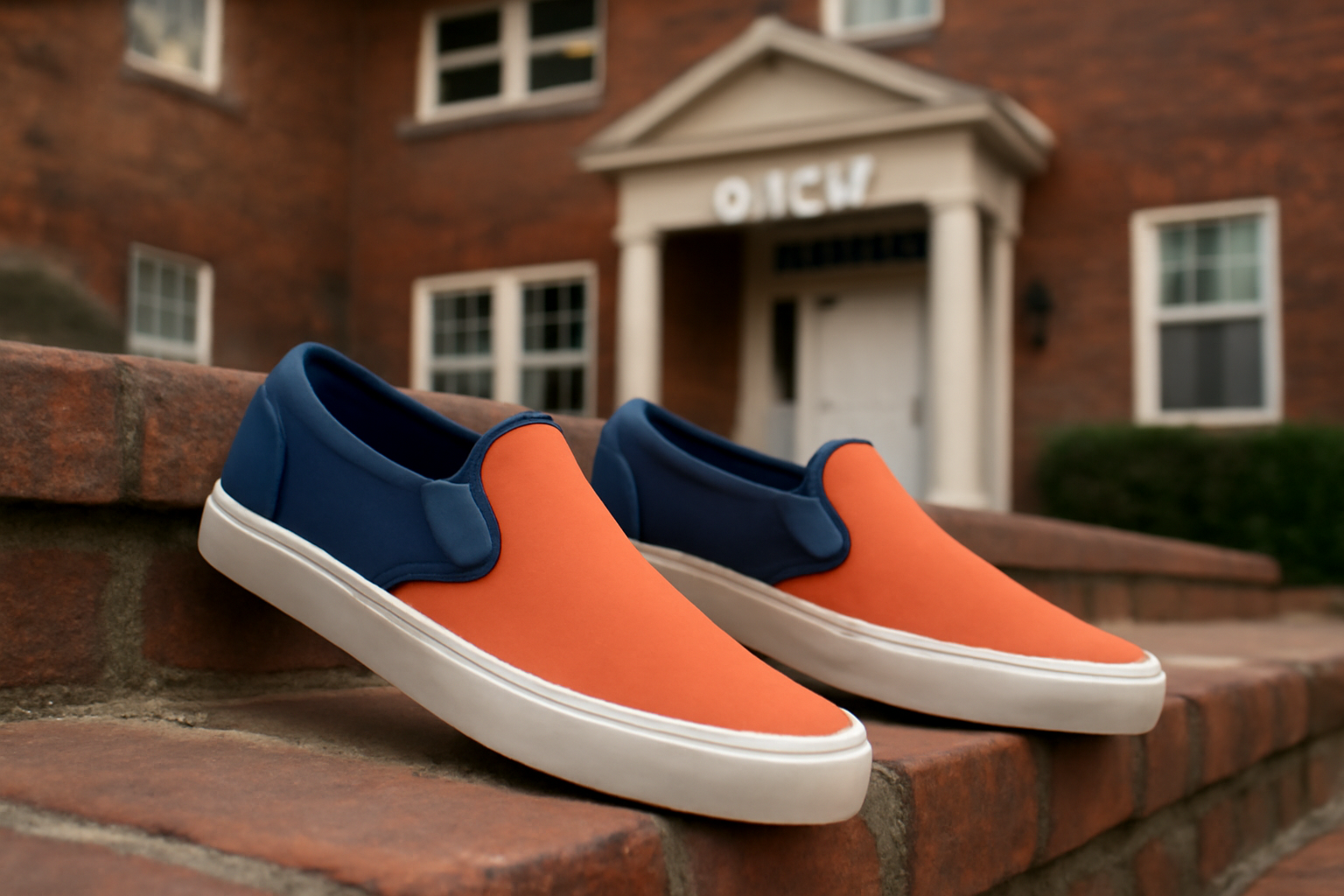 Orange and blue slip-on sneakers displayed outside a fraternity house entrance