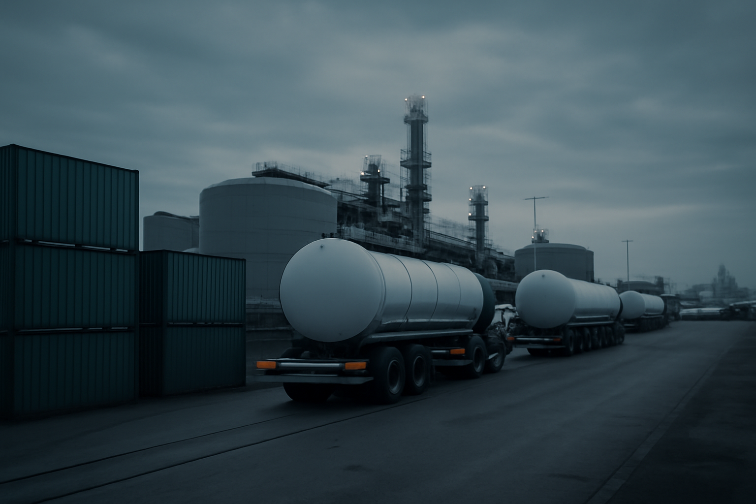 Cargo containers and chemical tanker trucks at a European industrial port under overcast sky
