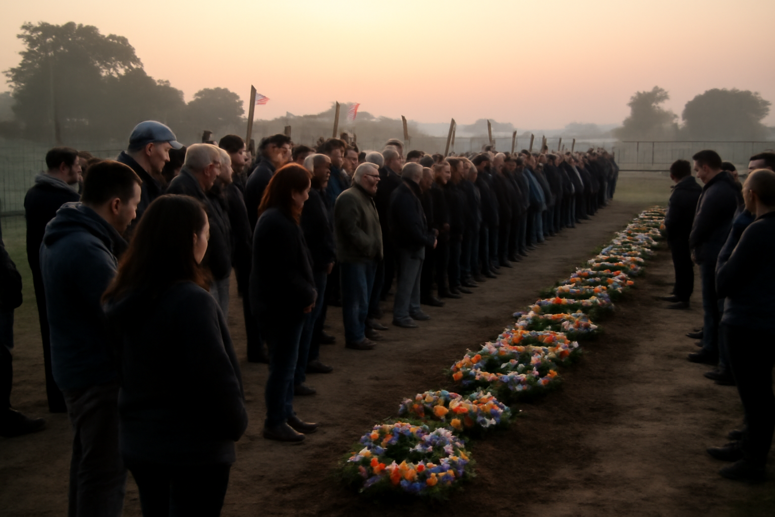 Mourners stand in rows at dawn beside memorial candles near a kibbutz perimeter fence