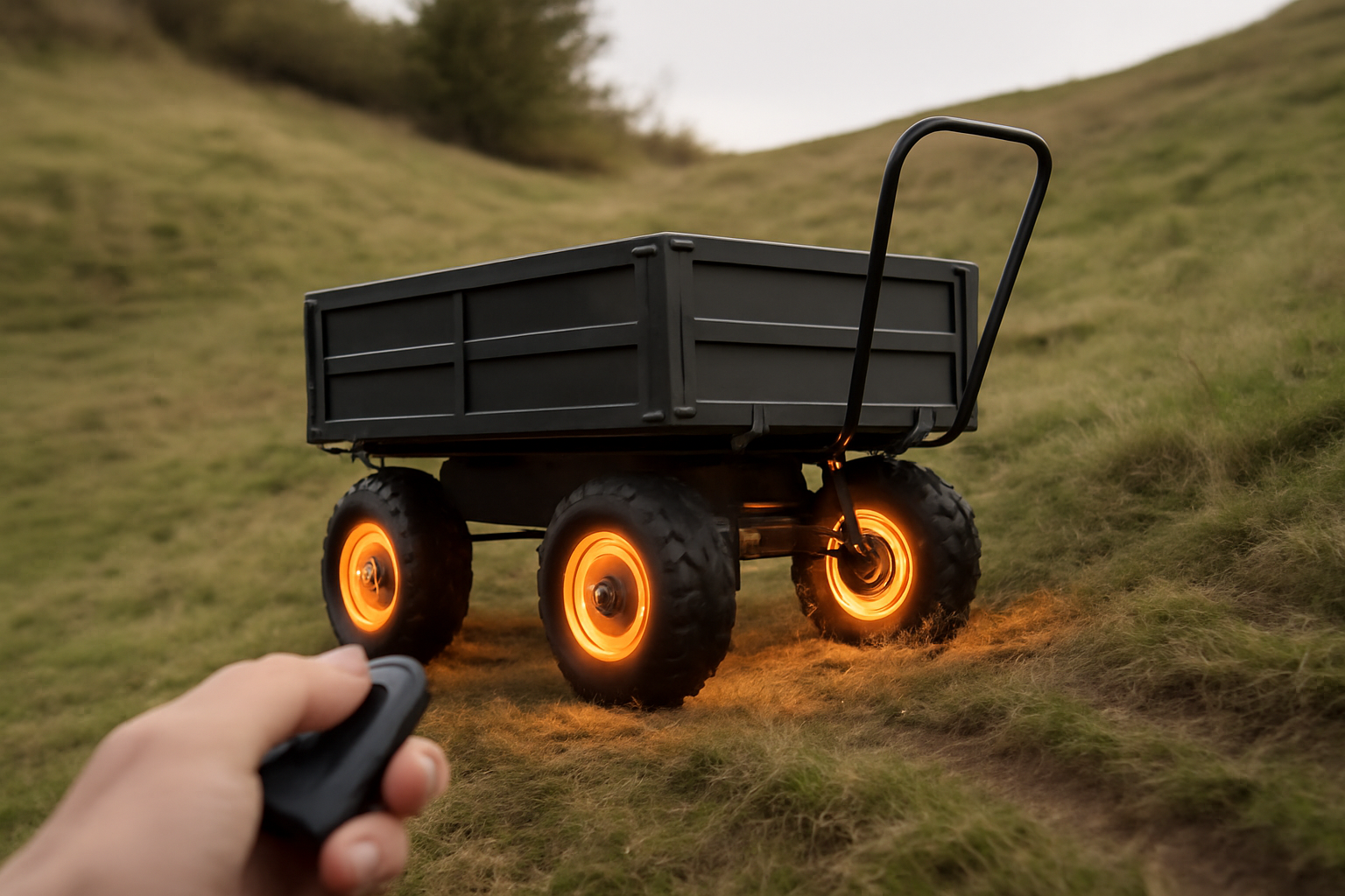 A remote-controlled cargo wagon with lit wheels climbing a grassy hill outdoors