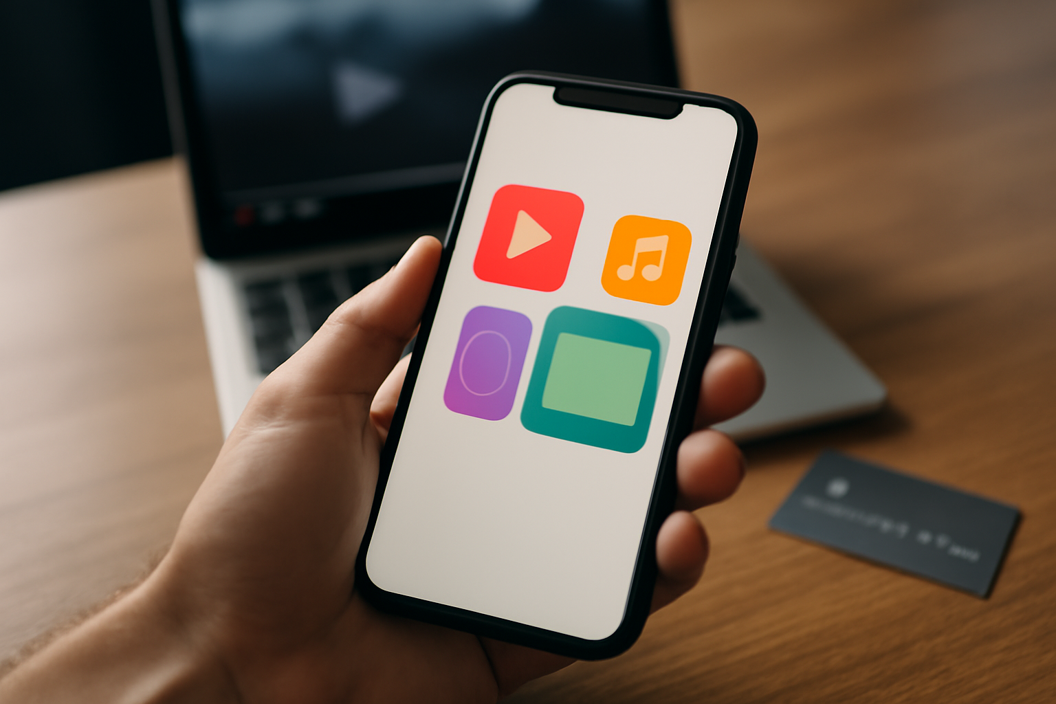Smartphone displaying colorful streaming app icons next to a laptop and a credit card on a desk