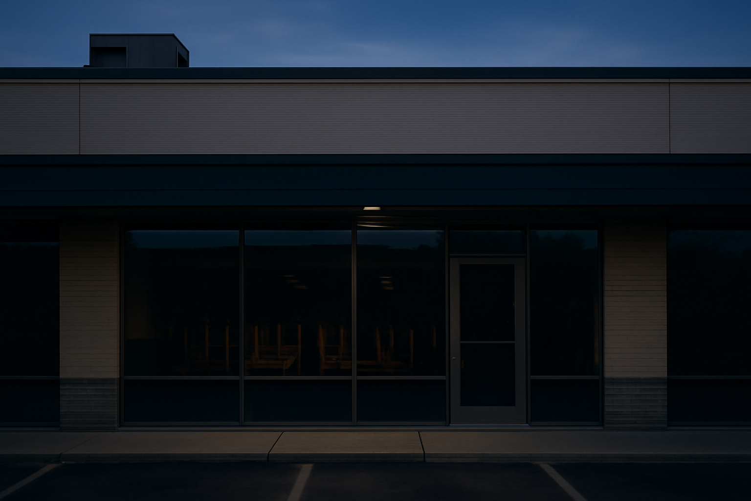 Exterior of a shuttered Starbucks storefront with lights off and chairs stacked inside