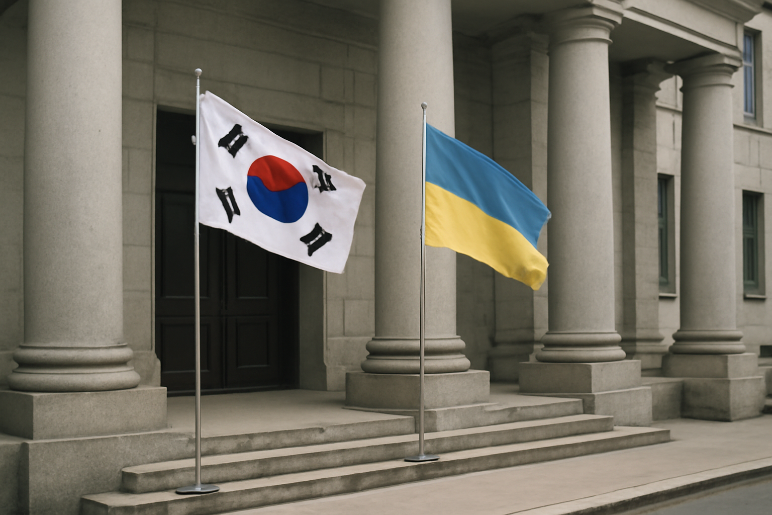 Flags of South Korea and Ukraine displayed near a diplomatic building entrance