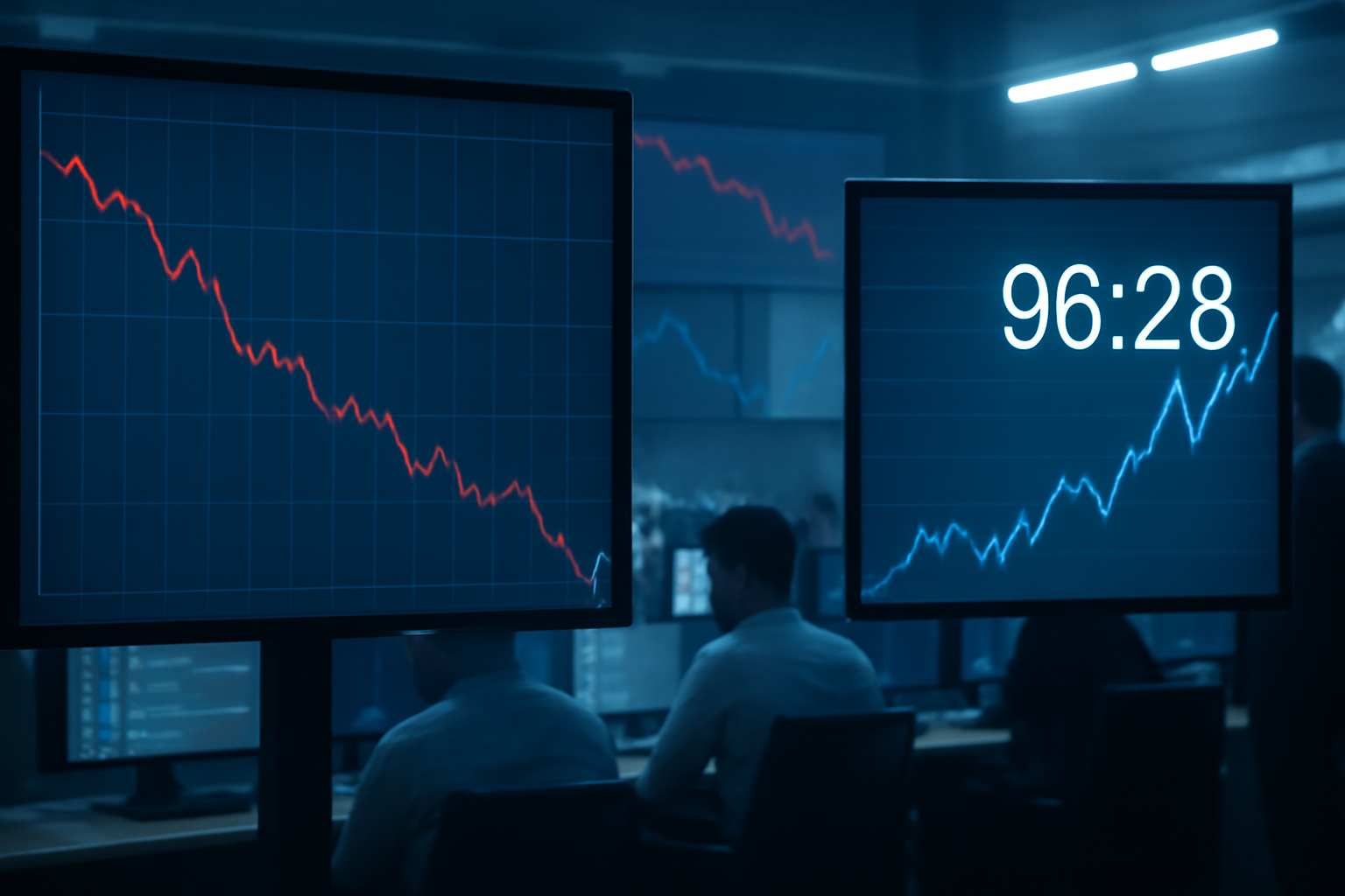 Stock exchange board showing falling numbers next to an oil price ticker