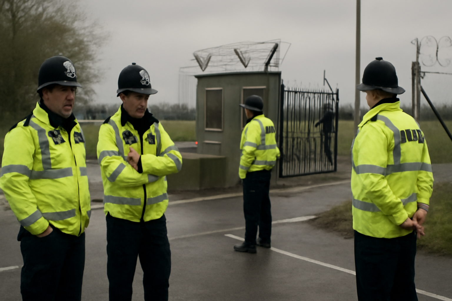 Police officers standing at a checkpoint outside a British military air base entrance