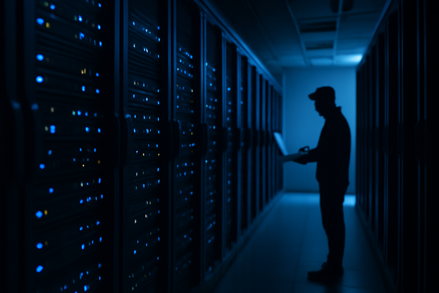 Rows of server racks in a data center with a red warning light glowing amid blue status indicators