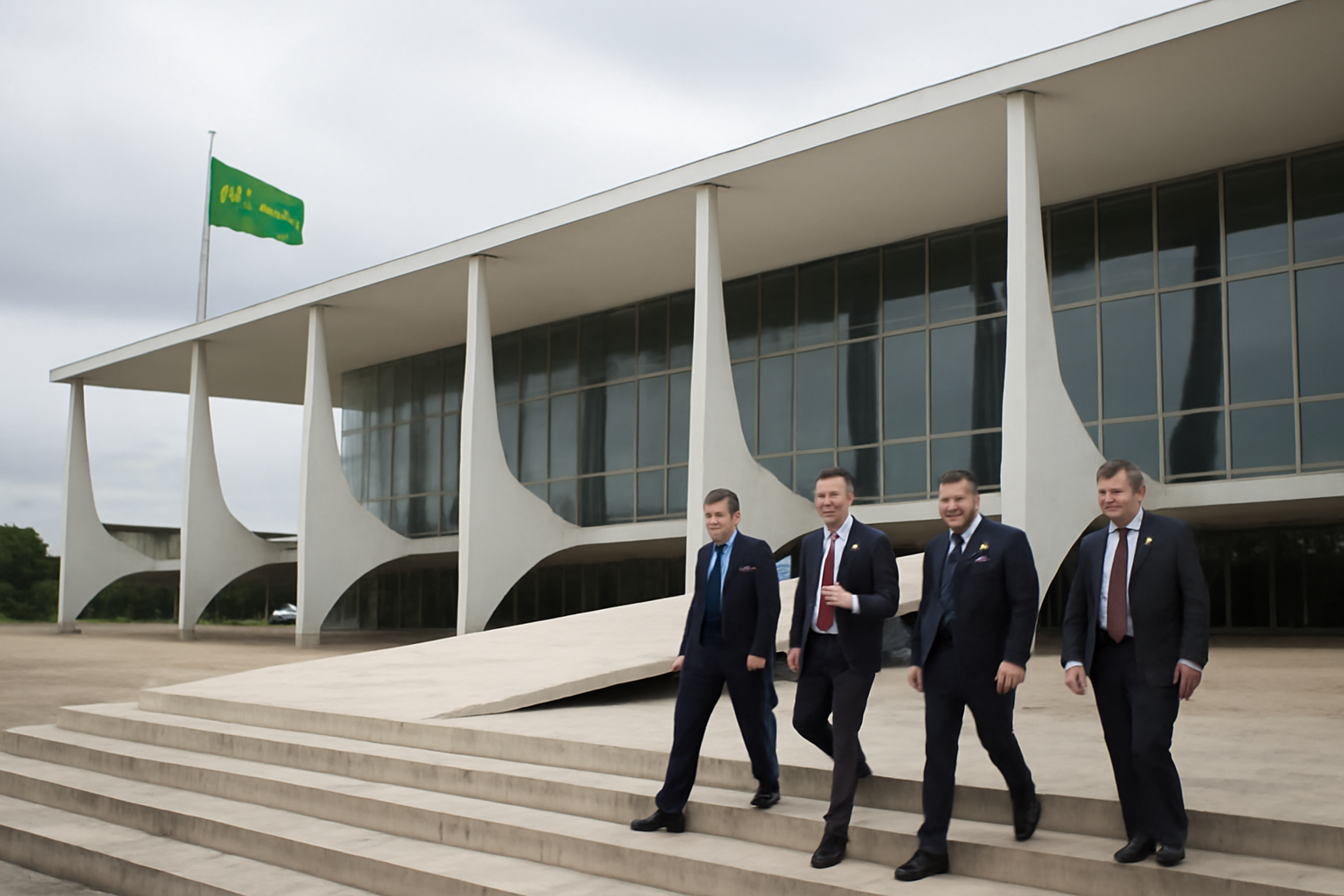Brazilian government officials walking outside a government building in Brasília under overcast skies