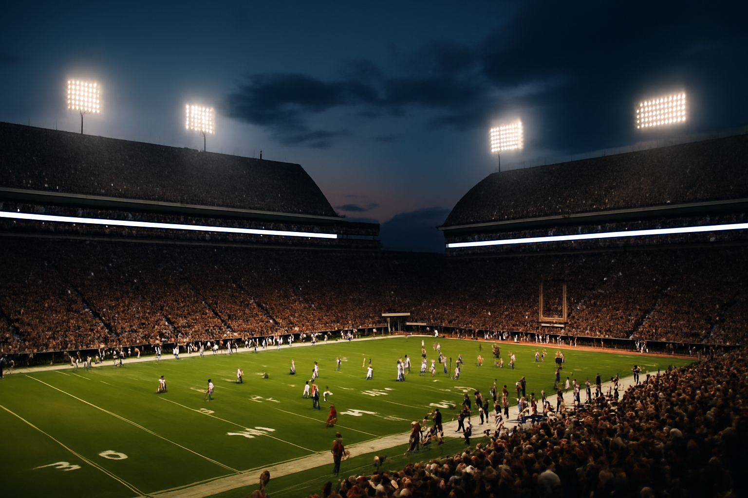 A college football stadium filled with fans under stadium lights on a Saturday night in October
