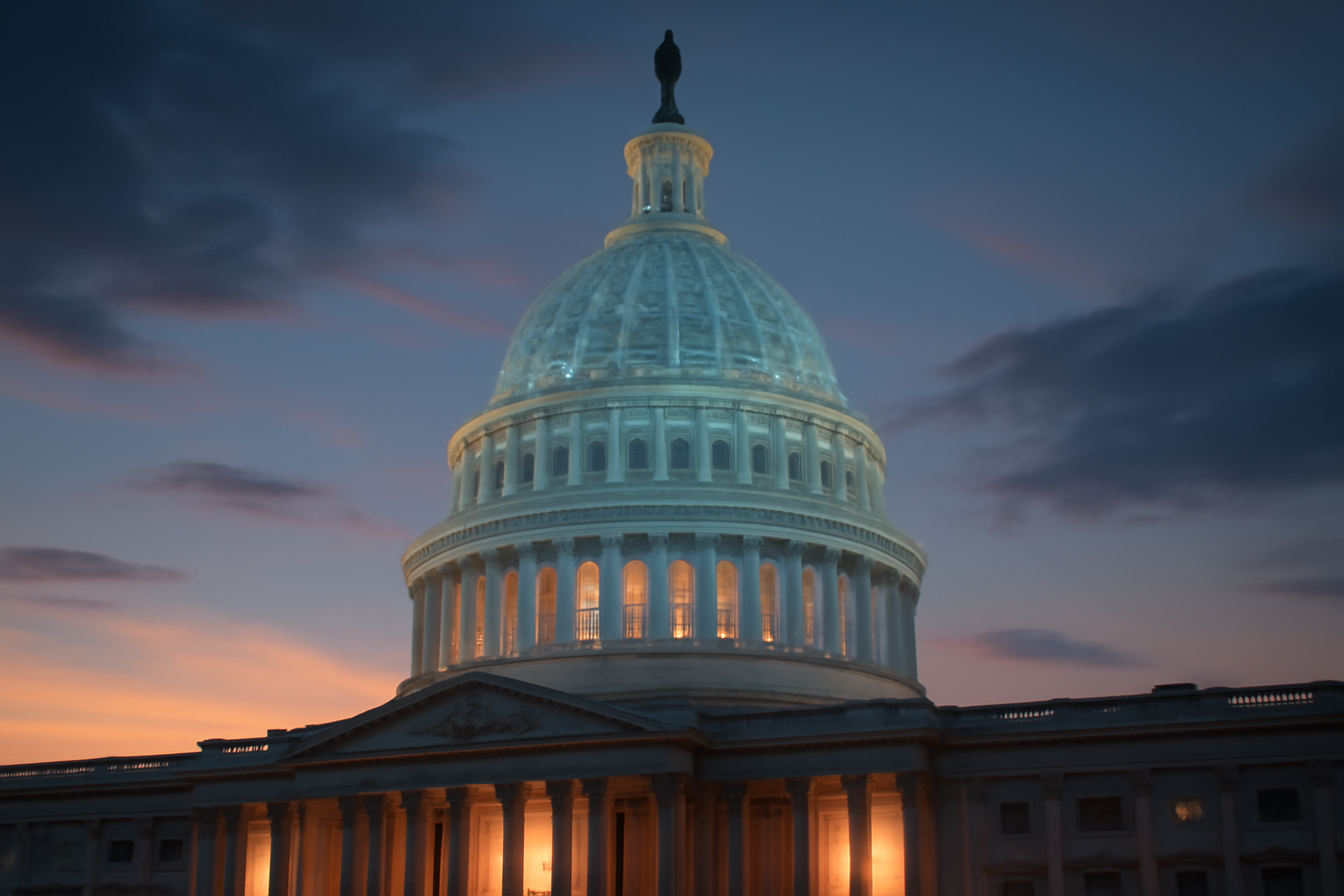 The U.S. Capitol dome at dusk beneath a faint overlay of glowing digital circuit lines.