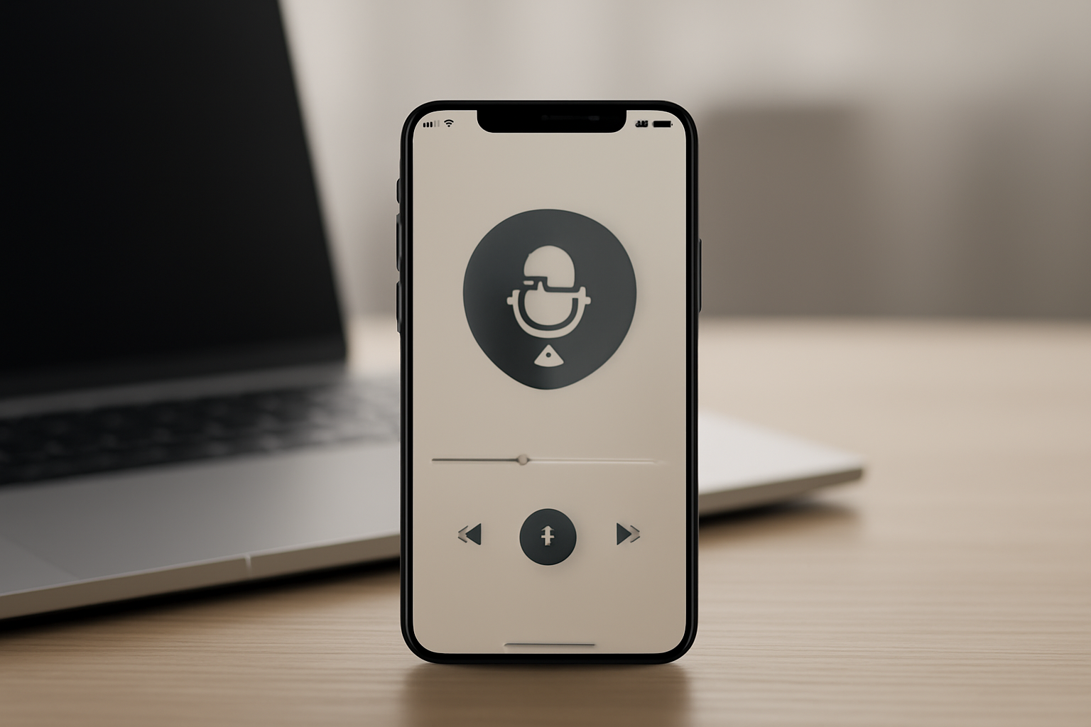 Smartphone displaying a podcast app interface next to an Apple logo on a desk