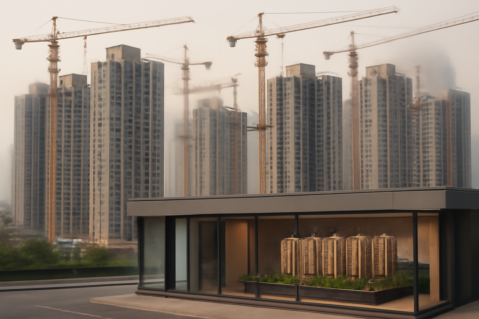 Apartment towers under construction in a Chinese city with a real estate sales office in the foreground