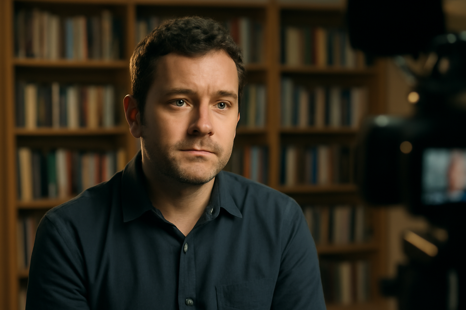 A man in his forties sits for a recorded video interview discussing grief and mental health