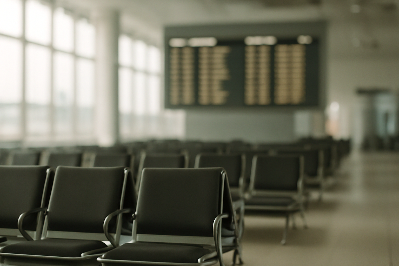 Rows of empty airport gate seats beside a departures board, evoking stalled refugee travel plans
