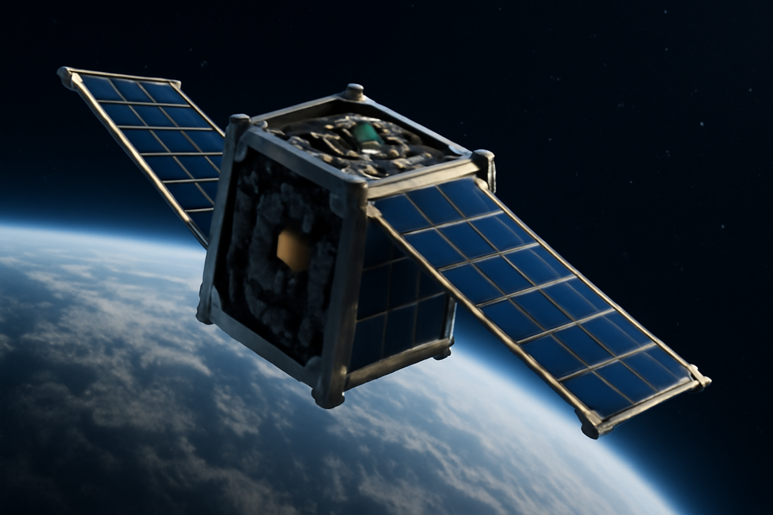 Small satellite with onboard computing hardware orbiting above Earth's curved horizon