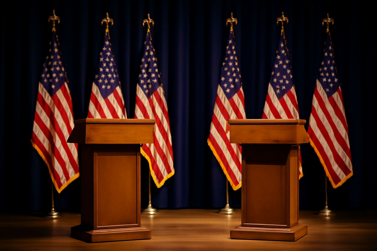 Two empty podiums on a debate stage with American flags in the background
