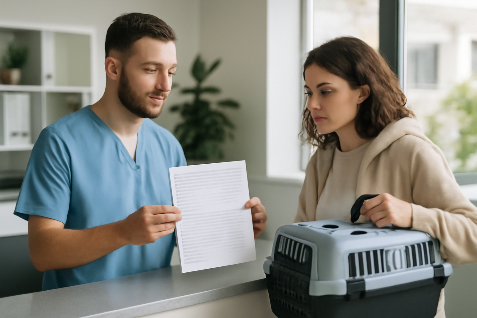 A veterinarian reviewing a printed price list with a pet owner at a clinic front desk